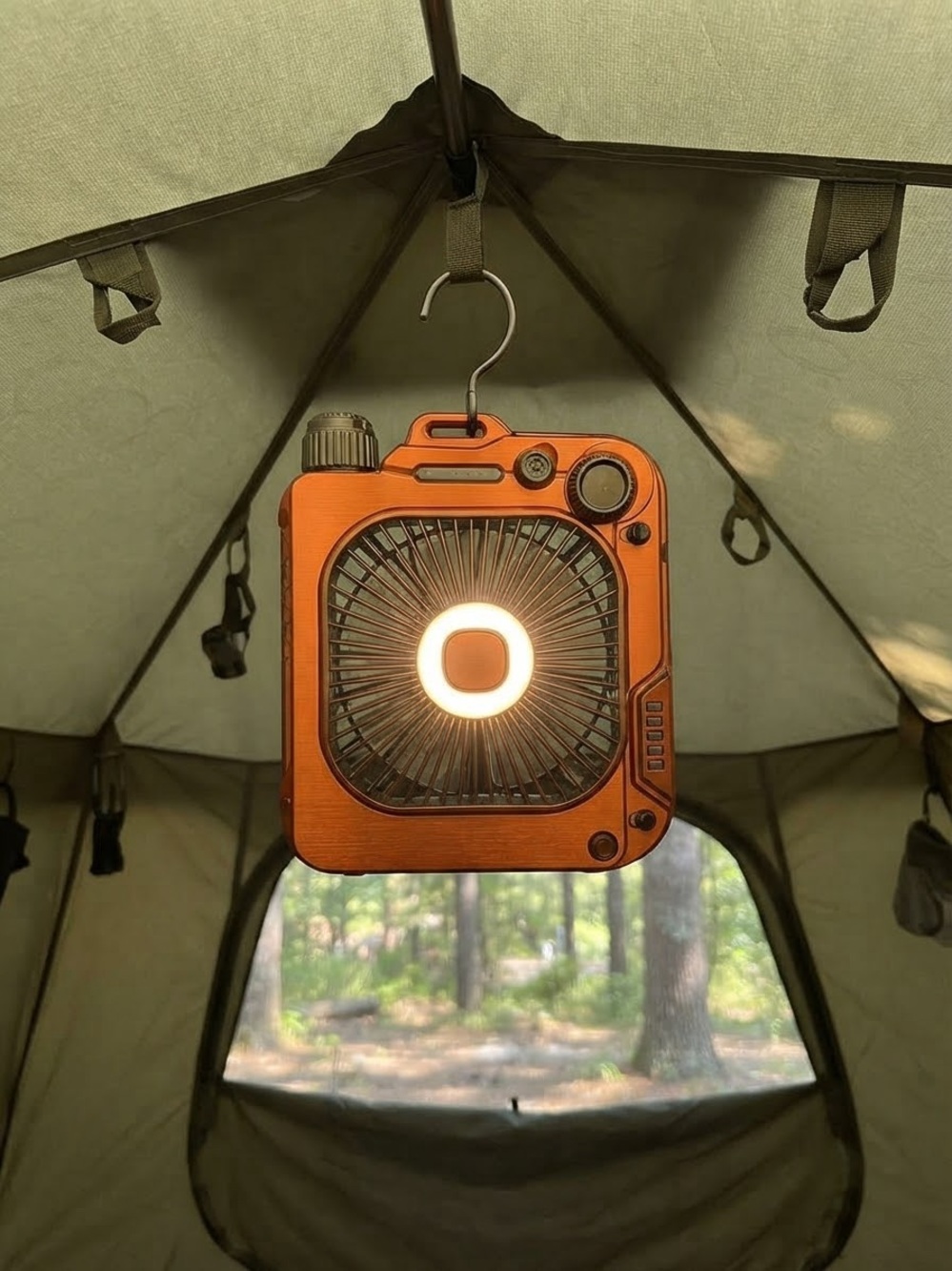 Portable Orange Camping Fan & Lantern - Multi-Function Accessories